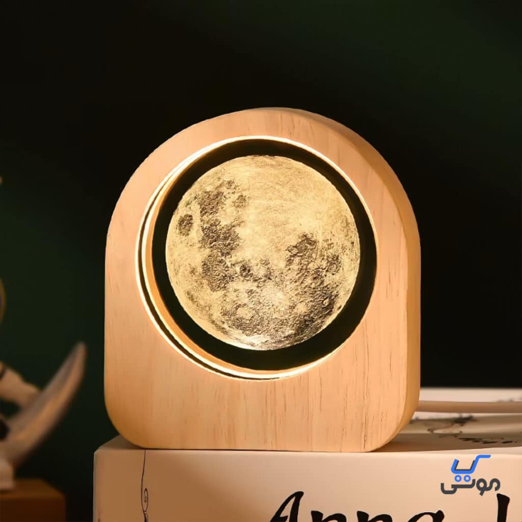 چراغ خواب شیشه ای 3D قاب چوبی طرح ماه