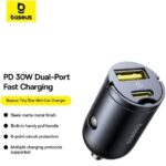 شارژر فندکی فست شارژ  تایپ‌سی ماشین 30 وات 3 آمپر بیسوس Baseus Tiny Star C00035001121-02