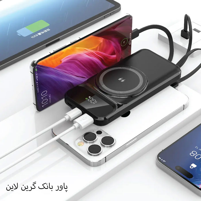 پاور بانک وایرلس گرین لاین مدل GL-PXB2 ظرفیت 10000 میلی آمپر 22.5 وات 1 پاوربانک در حال شارژ موبایل