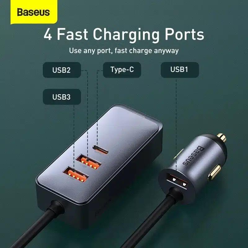 شارژر فندکی 120 وات باسئوس مدل Baseus Share Together PPS Multi-Por 2U+2C 1 Baseus Share Together PPS Multi-Port Fast Charging Car Charger With Extension Cord 120W 2U+2C