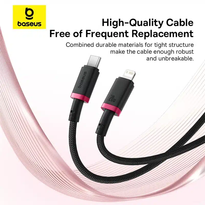 کابل USB-C به Lightning باسئوس مدل Baseus Dura Series PD 20W Fast Charging Cable 1 Baseus Cable For Iphone PD 20W Dura Series Fast Charging Cable Type-C to Lightning 1m Red+Black